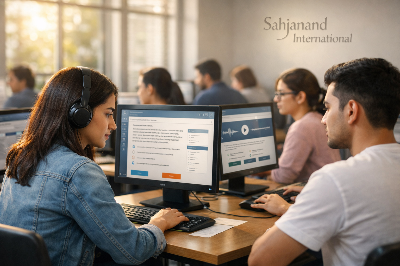 Students attending PTE coaching in Gandhinagar with computer-based mock test practice and trainer support
