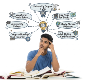 Indian student exploring post-12th education, university degrees, and study abroad options